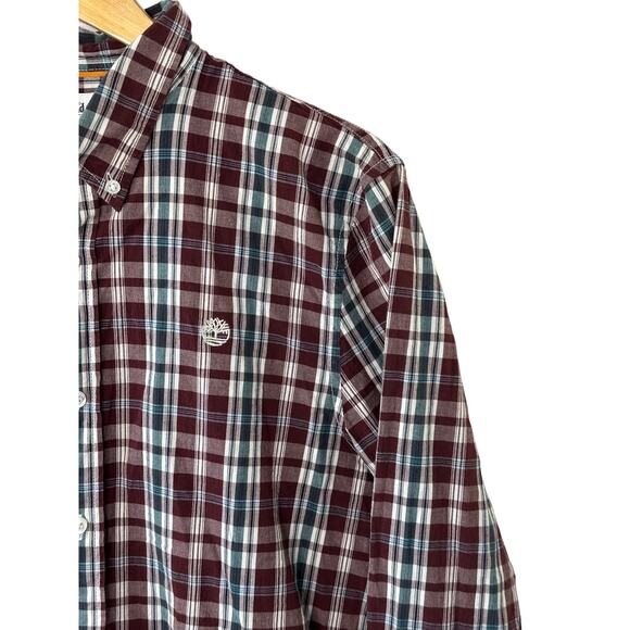 TIMBERLAND Slim-Fit Maroon Plaid Button-Up Long Sleeve Shirt Men's Medium - Picture 3 of 7